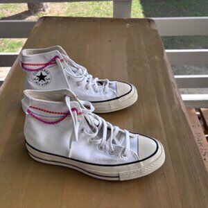 Converse White High-Top Sneakers with Embroidered & Chain Accent On Ankle Size 8